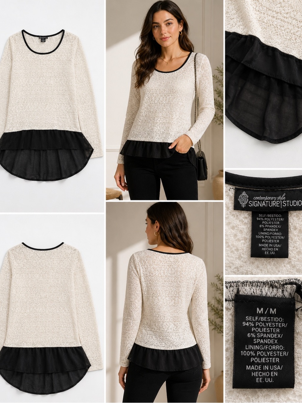 Signature Studio Cream Lace Knit Tunic with Black Ruffle Hem